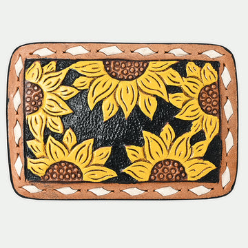 AMERICAN DARLING Floral Hand Carved Painted Belt Buckle Genuine Leather Covered Stylish